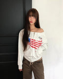 Burnoon American Flag Strap One Off Shoulder Long Sleeve Zip-up