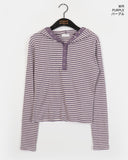 Pao Stripe Snap Button Color Matching Long Sleeve Hooded T-Shirt