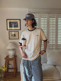 Floral color matching embroidery short sleeve T-shirt