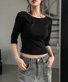 [U-BASIC] Nut Boat Neck Slim Crop Three Quarter Tee