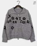 Phen Daisy Flower Collar Two Way Knit Zip-up