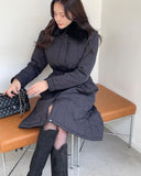 Vero Rabbit Fur Collar Long Padding Coat (Belt Set)