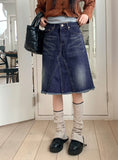 Barmmet Vintage Washing Slit Half-Length Midi Denim Skirt