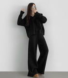 Shawl V-Neck Knit Long Wide Banding Pants Three Piece Wool Two Piece Set