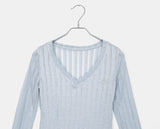 Toohi Cubic Ribbed V-Neck See-Through Long Sleeve T-Shirt