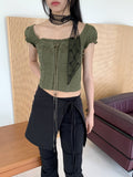 Tabl Green Corset Two-Way Off-Shoulder Short-Sleeve Blouse
