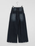 Henen washing pintuck snap button strap denim pants