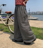 [BAONHAUS] Revish Summer Seersucker Check Banding Wide Pants