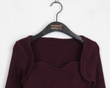 RB Bolero Slit Ribbed Wave Square Heart Neck Long Sleeve Knit