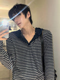 Hooded Stripe Henley Neck Long Sleeve