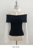 Monta Color Matching Off-Shoulder Knit Layered Shirt