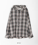 [unisex] Cammi Check Hood Boxy Long Sleeve Shirt