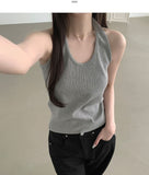 Halterneck Solid Cotton Blend Basic Fit Sleeveless