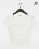Loran mesh see-through shirring square neck short-sleeved T-shirt