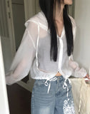 Gali See-Through Strap Hooded Long-Sleeve Cardigan
