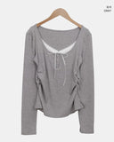 Dew Lace Loose Fit Button Shirring Long Sleeve T-Shirt