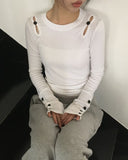 Juen Shoulder Slit Button Long Sleeve T-shirt