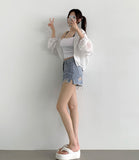 Summer Cutting Side Slit Ripped Denim Shorts
