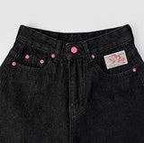 Back Lettering Point Embroidery Patch Detail Balloon Denim Pants