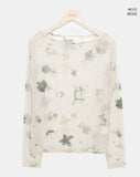Dubi Flower Mesh See-through Long Sleeve T-shirt