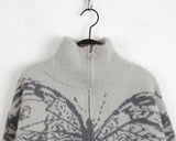 Nopel Vintage Butterfly Angora High Neck Long Sleeve Cardigan Zip Up