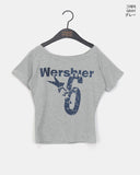 Epee Crack Print Off-Shoulder Short Sleeve T-Shirt