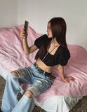 MUSE Lace Puff Crop Short Sleeve