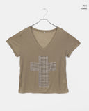 Chuking Cross Stud See-Through V-Neck Short Sleeve T-Shirt