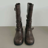 Two-way Buckle Shirring Slit Middle Boots