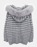 Levin Stripe Drop Knit Fur Hooded Cardigan