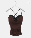 [with pad/adjustable straps] Cheeky back banding layered lace color matching shirring sleeveless