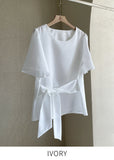 Eju Round Ribbon Strap Short Sleeve Blouse