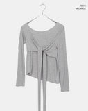 Evin Ribbon Unbalanced Layered One-Off Shoulder Long Sleeve T-Shirt