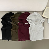 Waffle V-neck Hood Sleeveless Knit T-shirt