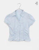 Pique Check V-Neck Shirring Puff Short Sleeve Blouse