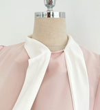 Kain Puff Color Matching Tie-Neck Short Sleeve Blouse