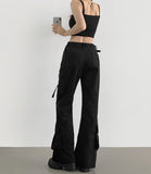 Waist Strap Low Waist Pocket Shirring Pin Tuck Wide Bootcut Pants