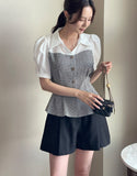 Sweet Seersucker Check Collar Puff Blouse