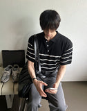 V-in stripe button collar short sleeve knit