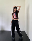Richin American Flag Stud Rivet Unbalanced Off-shoulder Short Sleeve T-shirt