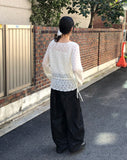 Ui punching ribbon strap round neck see-through long-sleeved knit