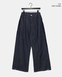 Dad side pin tuck snap button wide long denim pants