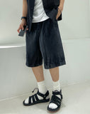 Vintage Washing Rinkle Wide Black Half Denim