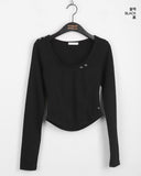 Suite eyelet incision u-neck roll cropped long-sleeved T-shirt