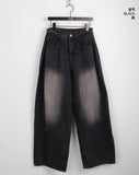 Kibe Side Pintuck Balloon Fit Vintage Washing Long Wide Denim Pants