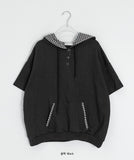 Hakanji Check Color Matching Button Hood Short Sleeve Tee