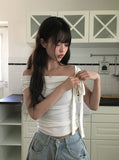 Zant Ribbon Knot Off-Shoulder Shirring T-Shirt