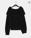 Lisle Pom Pom Angora Loose Fit Off Shoulder Fur Knit