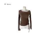 Denk Shirring Eyelet Crop Lip Neck T-shirt