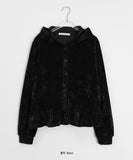Janey Suede Velour Button Frill Hood Cardigan